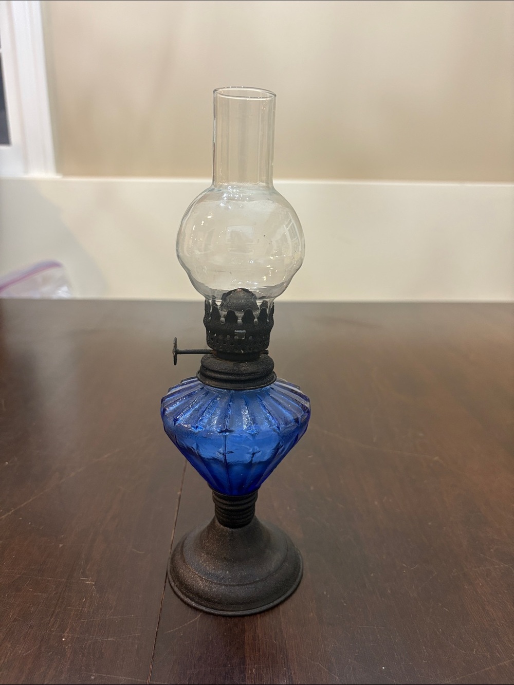 Small Vintage Blue Glass Oil Lamp with Clear Chimney